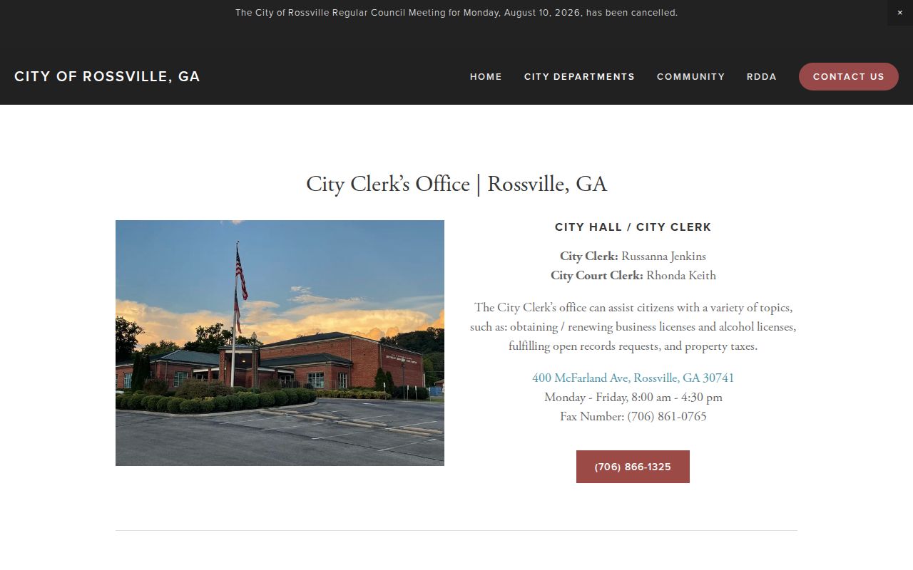 Rossville City Clerk open-records contact for Walker County city arrest reports