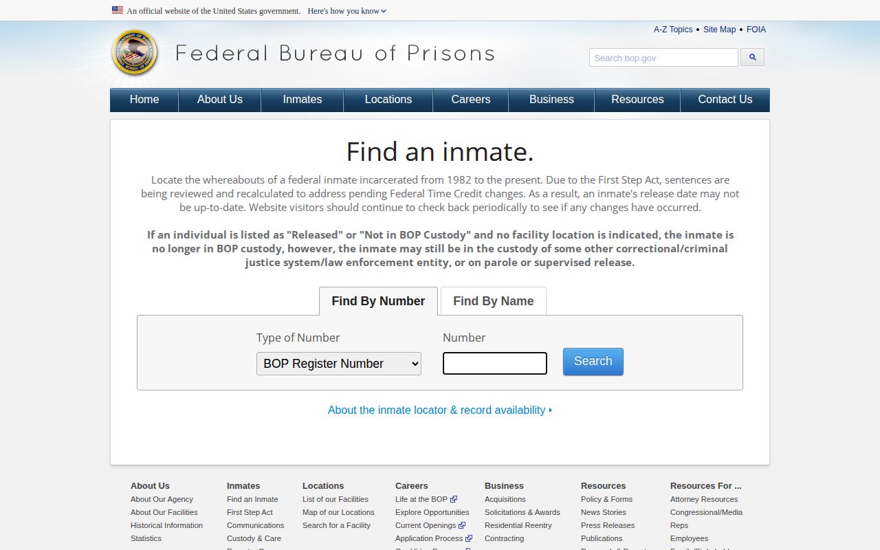 Federal Bureau of Prisons inmate locator for separate federal custody records