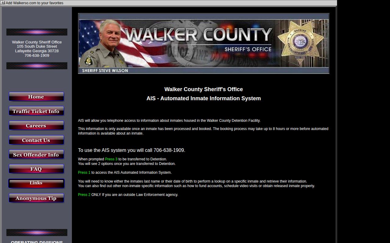 Walker County official Automated Inmate System instructions for telephone current-custody lookup