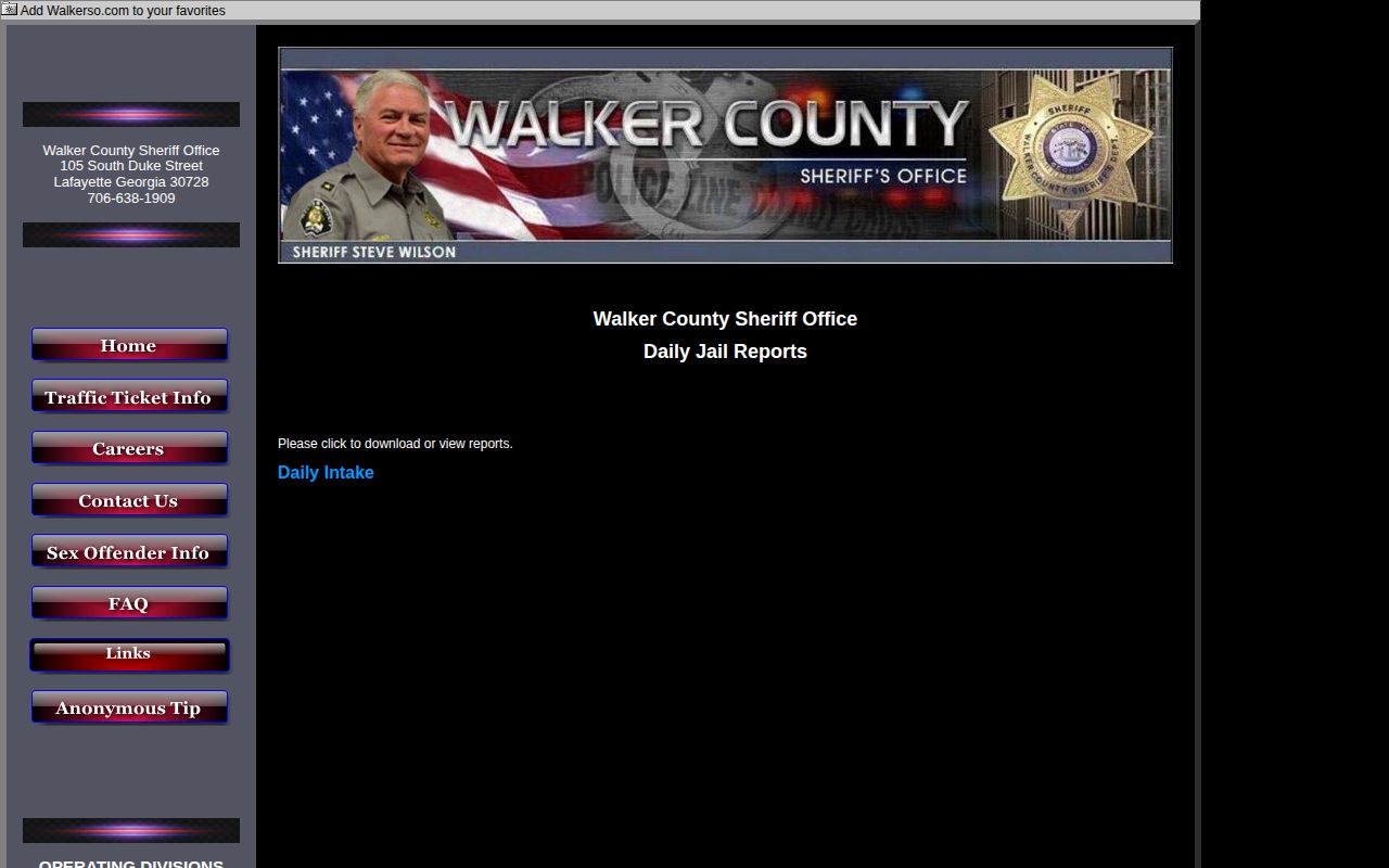 Walker County official Daily Jail Reports index showing the daily intake report link